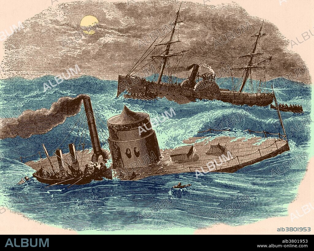 Color enhanced print of an engraving published in Harper's Weekly, 1863, showing the USS Monitor sinking in a storm off Cape Hatteras, North Carolina on the night of December 31, 1862. A boat is taking off crewmen, and USS Rhode Island is in the background.