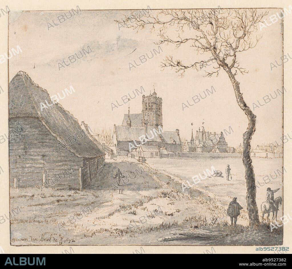 View of Brielle, Valentijn Klotz (attributed to), 1672, draughtsman: Valentijn Klotz, 19-Mar-1672, paper, pen, brush, h 203 mm × w 234 mm.