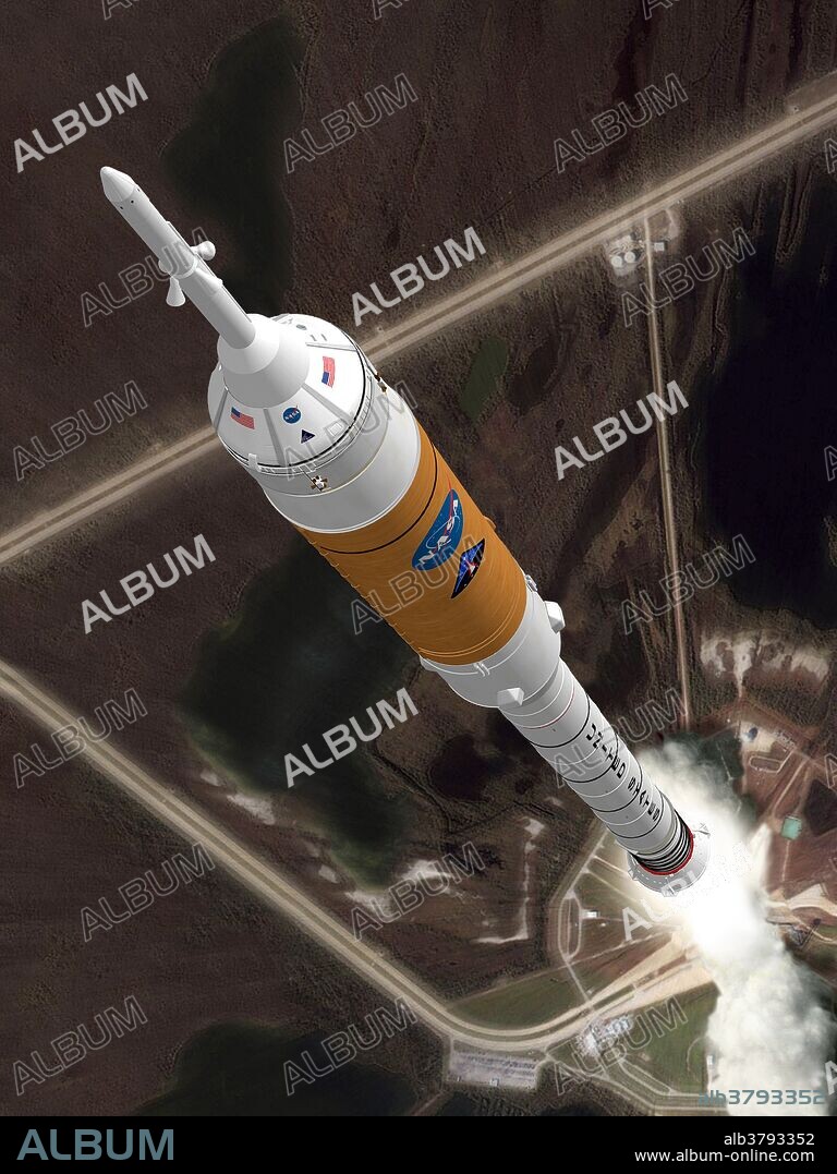 A concept image shows NASA's next generation crew launch vehicle, the Ares I, during ascent. Ares I is an in-line, two-stage rocket configuration topped by the Orion crew exploration vehicle and launch abort system. The Ares I first stage is a single, five-segment reusable solid rocket booster, derived from the space shuttle. Its upper stage is powered by a J-2X engine, similar to those used in the Apollo program. Ares I will carry the Orion with its crews of up to six astronauts to Earth orbit, where they would dock with a lunar module and earth departure stage before leaving for the moon.