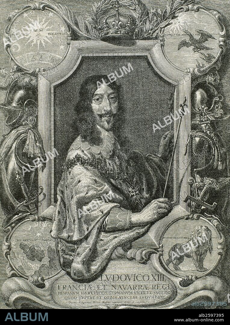 LUIS XIII "el Justo" (Fontainebleau, 1601-Saint Germain, 1643). Rey de Francia (1610-1643), hijo de Enrique IV. En 1615 casó con Ana de Austria. Grabado de "La Historia Universal" (1885) .