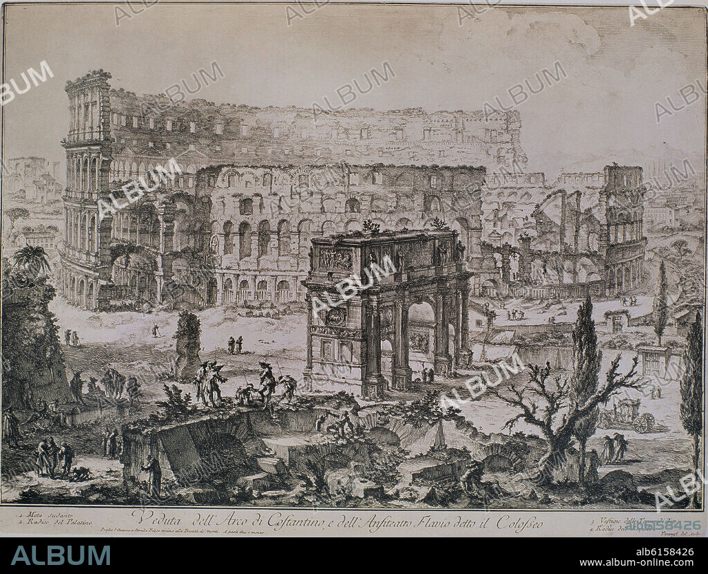 GIIVANNI BATTISTA PIRANESI (1720-1778). ARCO DE CONSTANTINO ANFITEATRO Y COLISEO - GRABADO DE 1761.