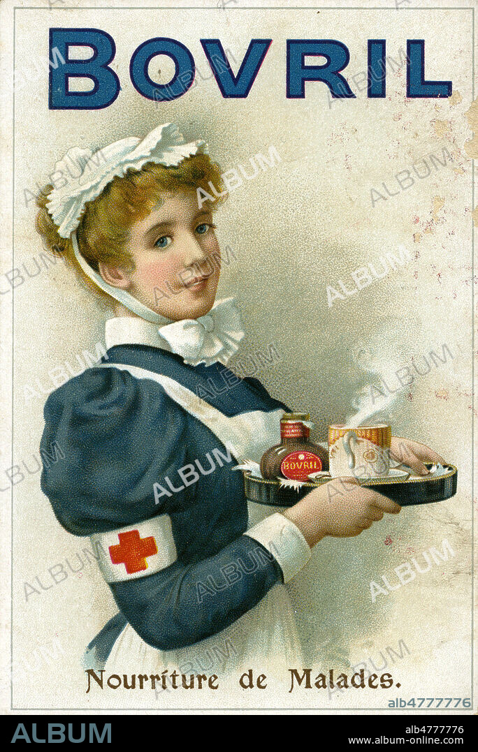 Publicite pour BOVRIL un produit alimentaire en poudre, bouillon, en conserve. Infirmiere de la Croix Rouge apportant un plateau a un malade, vers 1900 ou debut 20eme siecle. Credit IM/KHARBINE TAPABOR.