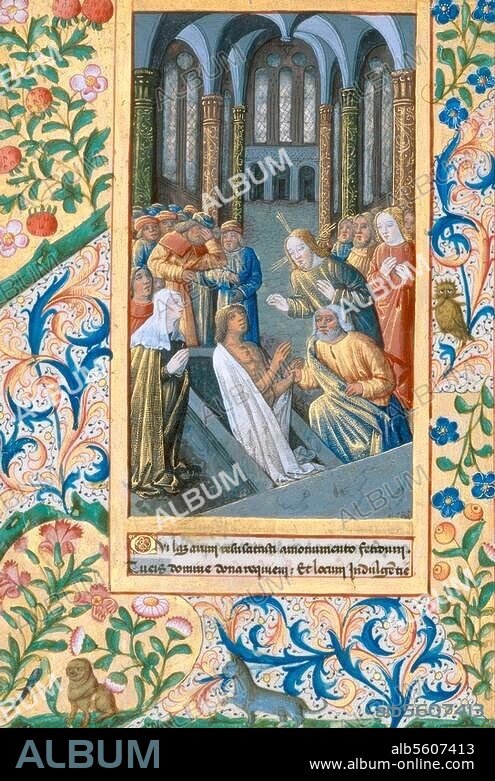 Buchmalerei, Frankreich, Bourges und Toulouse (Werkstatt oder Umkreis von Jean Colombe), um 1490. Die Auferweckung des Lazarus. Aus dem Stundenbuch Ludwigs von Orléans, des späteren König Ludwigs XII. von Frankreich (Horae ad Usum Romanum). Auf Pergament, 215 × 148 mm. Lat. Q. v. I, 126, fol. 70 v, St. Petersburg, Russische Nationalbibl.