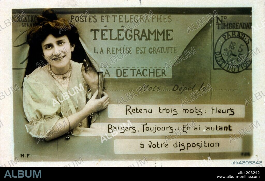 Romantic telegram on a postcard (French) 1905.