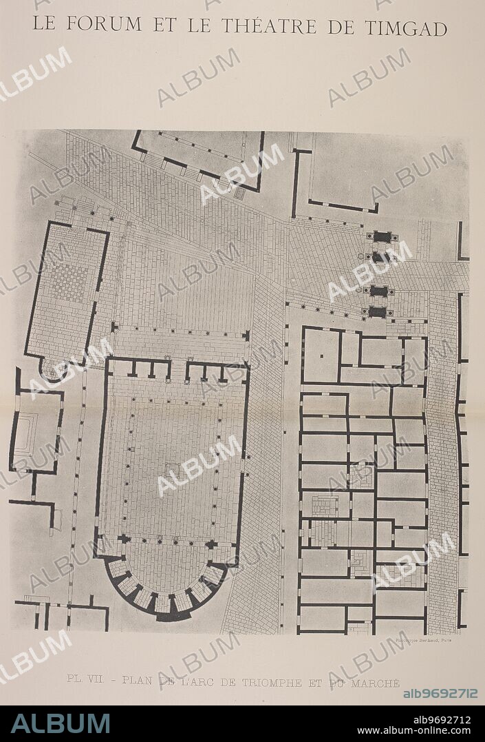 Floor plan of the Forum of Timgad, Algeria. Restoration and architecture of ancient Roman ruins. Archaeological site.