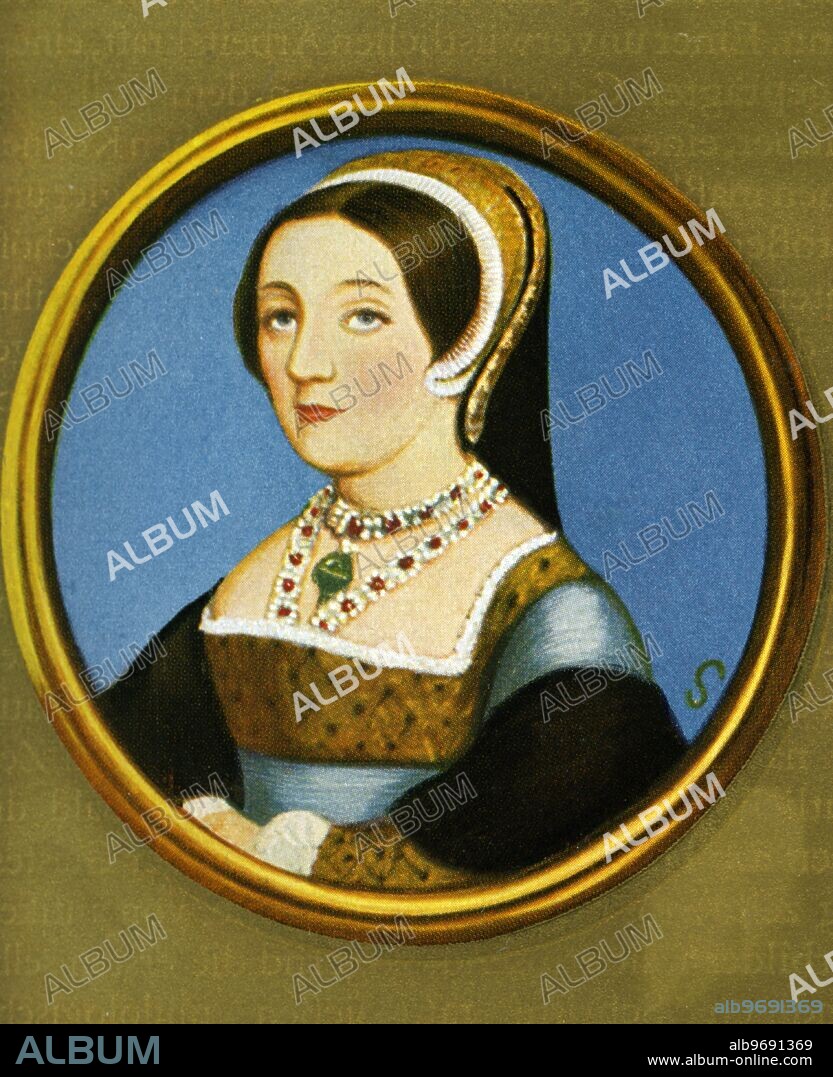 Katherina Howard, Queen of England (1520-1542) - after a miniature by Hans Holbein - . Katherine Howard (between 1520 and 1525 - 13 February 1542), also called Catherine Howard was the fifth wife of Henry VIII of England (1540-1542), and sometimes known by his reference to her as "the rose without a thorn". Her birth date and place of birth is unknown (occasionally cited as 1521, probably in London). She was the daughter of Lord Edmund Howard, a poor younger son of the 2nd Duke of Norfolk. Katherine married Henry VIII on 28 July 1540, at Oatlands Palace in Surrey, almost immediately after his annulment from Anne of Cleves was arranged. However, Katherine's marital conduct and past history were known to be unchaste, and she was beheaded after less than two years of marriage on the grounds of treason.. ©TopFoto.