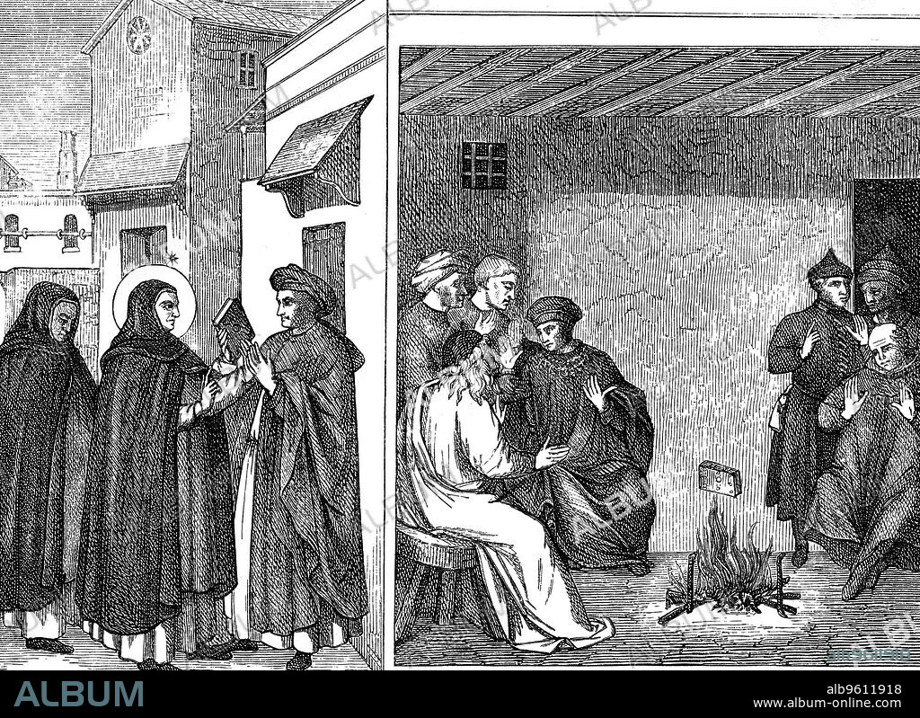 Albigensian heresy, c1190-1220. St Dominic gives a book of profession of the true Christian faith to an Albigensian envoy. Thrown into a fire, the book is not consumed by flames, while the book of the heretics is. The Albigensians, or Cathars, were a Christian sect that first appeared in southern France in the 1020s. Regarded as heretics by the established Church, they were subjected to persecution, culminating in the Albigensian Crusade of 1209-1229, which brutally suppressed the Albigensians. Engraving after predella of the Coronation of the Virgin by Fra Angelico.