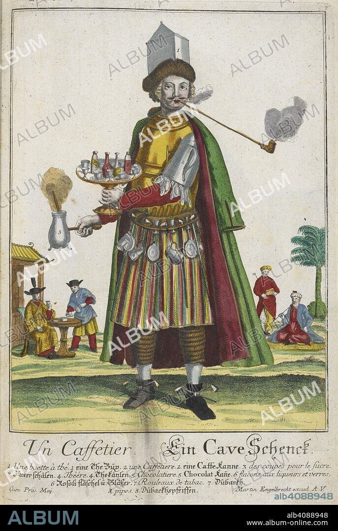 JOHANN JACOB STELZER. Un caffetier.  A seller of refreshments such as coffee, and drinking chocolate, smoking a pipe. Assemblage nouveau des manouvries habilles. Samlung der mit ihren eigenen Arbeiten und Werckzeugen eingekleideten KuÌˆnstlern, Handwerckern und Professionen. [Engravings chiefly after J. J. Stelzer.]. Augsburg, 1735. Source: 1266.i.15 plate 7.