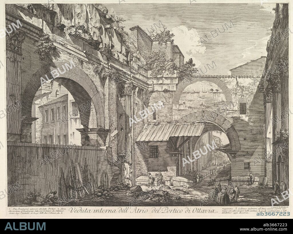 Veduta interna dell'Atrio del Portico di Ottavia (Internal View of the Atrium of the Portico of Octavia), in: 'Vedute di Roma' (Views of Rome). Artist: Giovanni Battista Piranesi (Italian, Mogliano Veneto 1720-1778 Rome). Dimensions: Plate: 22 x 28 in. (55.9 x 71.1 cm). Series/Portfolio: Vedute di Roma (Views of Rome). Date: 1760.
This view places the spectator within the best preserved section of the complex of colonnades originally built in the Republican era and later restored by Emperor Augustus, who dedicated the portico to his sister Octavia. Although the name survives from the Augustan restoration, such visible remains as the elegant Corinthian columns and the form of the pediment, hemmed in by medieval accretions, date to a later reconstruction by Septimius Severus. Piranesi shows the space as it looked in the eighteenth century, with the stalls of the fishmarket, which had long been held within the portico, visible along one wall of the atrium and continuing down a corridor into the distance.
The sensation of brilliant sunlight is masterfully achieved in this etching and may owe something to the example of Canaletto's views of Venice (1973.634), produced around the time that Piranesi returned home in 1744. Piranesi's own sensitivity to light effects--one of his early biographers records that he committed to memory the appearance of changing light on the ancient walls, from the full glare of the sun to the cool illumination of the moon--was one of the qualities that made his views of Rome so exceptional. The love for the texture and heft of blocks of stone and the fascination with their manner of cutting and assembly that is so evident here, and in many of his other prints, may have been the legacy of Piranesi's father, a stonemason and master builder.