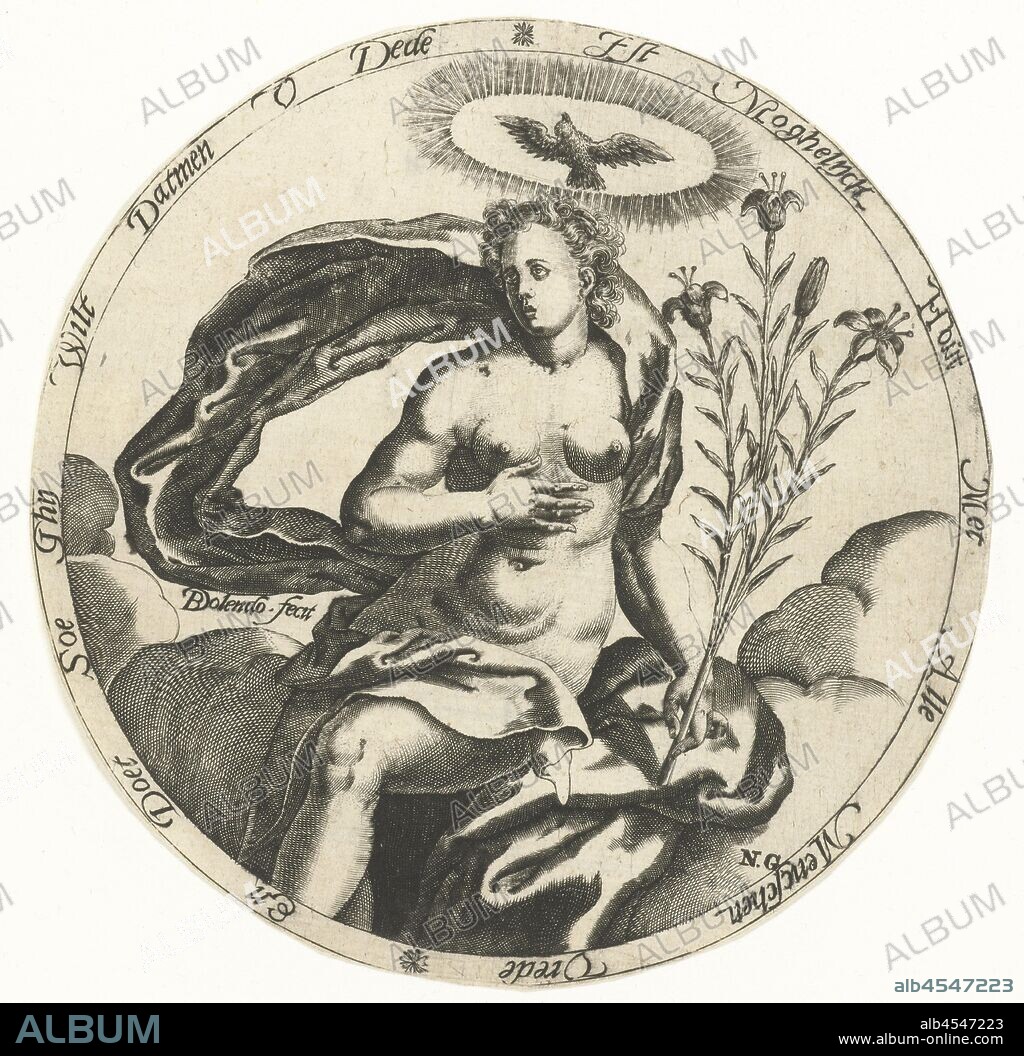 Personification of peace with lily branch and dove, symbols, allegories of peace, 'Pax', 'Pace' (Ripa), Bartholomeus Willemsz. Dolendo (mentioned on object), Leiden, 1589 - 1626, paper, engraving, d 150 mm.