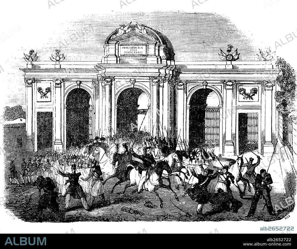Madrid. Revolución de julio de 1854. Entrada de las tropas después de la batalla de Vicálvaro. Grabado de 1854.