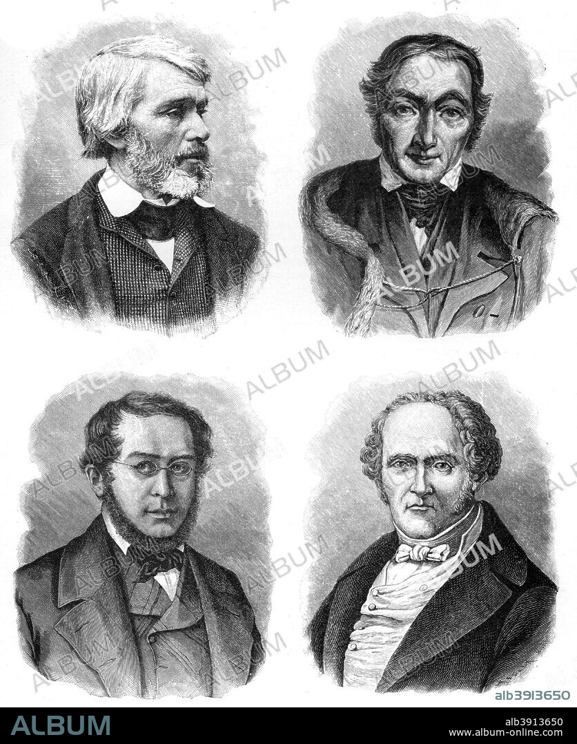 Four social theorists: Carlyle, Owen, Fourier and Proudhon, (1903). Robert Owen, Welsh socialist and social reformer; Thomas Carlyle, Scottish essayist, satirist, and historian; François Marie Charles Fourier, French utopian socialist; Pierre-Joseph Proudhon, French mutualist political philosopher. A print from The World's History, A Survey of Man's Record, by Dr HF Helmolt, Volume II, William Heinemann, London, 1903.