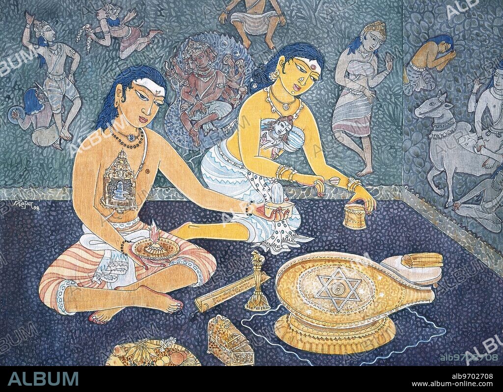 HAP-136799 : Hinduism - hindu art - himalayan academy art - religion - spirituality - artist S. Rajam - puja - worship - linga - sivalinga - shatkona - fire - devas - mahadevas - fruits - prasadam - offering -.