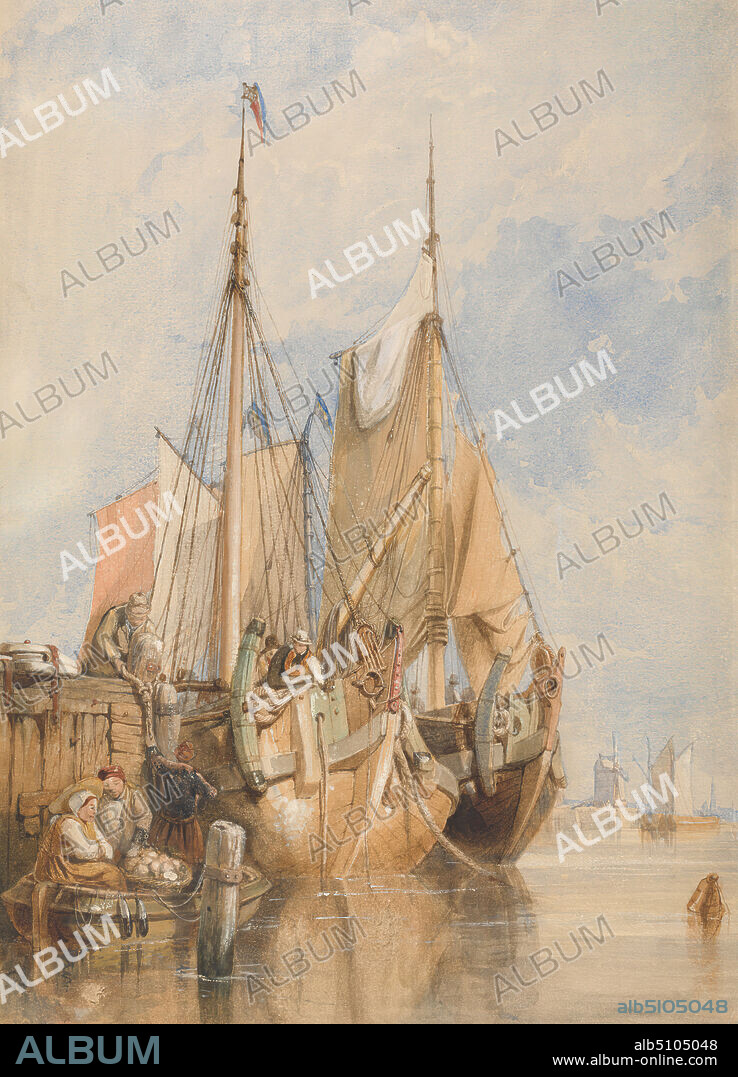 Dutch Fishing Vessels by a Quay, Clarkson Stanfield, 17931867, British, undated, Watercolor over graphite with scrapping out on medium, slightly textured, cream wove paper, Sheet: 17 1/2 × 12 3/4 inches (44.5 × 32.4 cm).