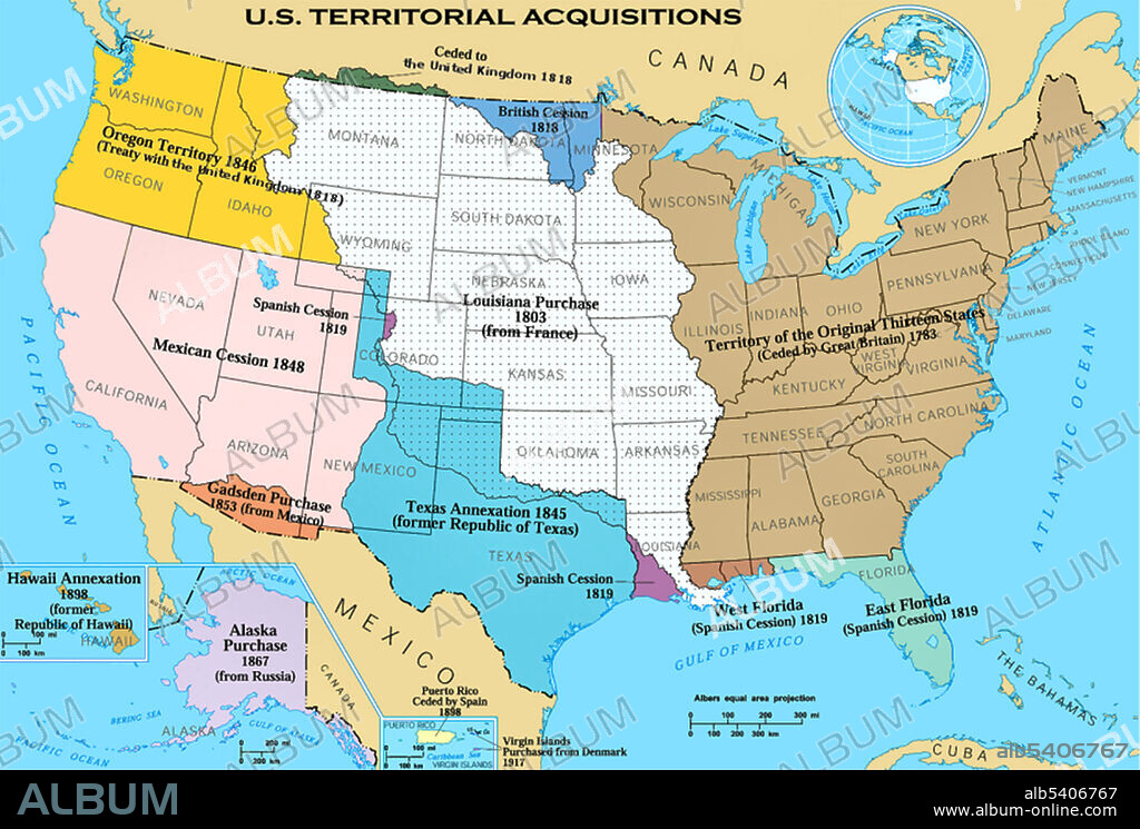 Territorial acquisitions of the United States, such as the Thirteen Colonies, the Louisiana Purchase, and the British and Spanish Cession.