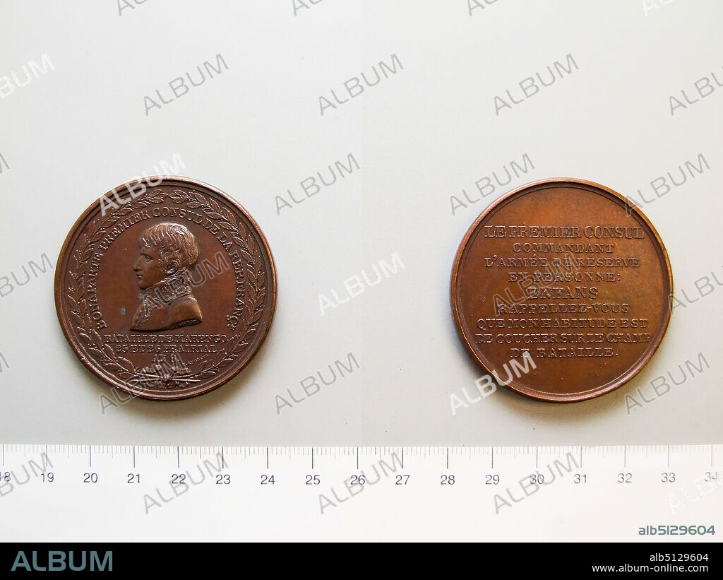 Subject: Napoleon Bonaparte, French, 17691821, Artist, copy after: Nicolas Guy Antoine Brenet, French, 17731846, Artist, copy after: Henri Auguste, French, 17591816, Cast of Medal of Napoleon and the Battle of Marengo from France, after 1800, Copper, 66.93 g, 50 mm, 12:00, Made in Paris, France, French, 19th century, Numismatics.