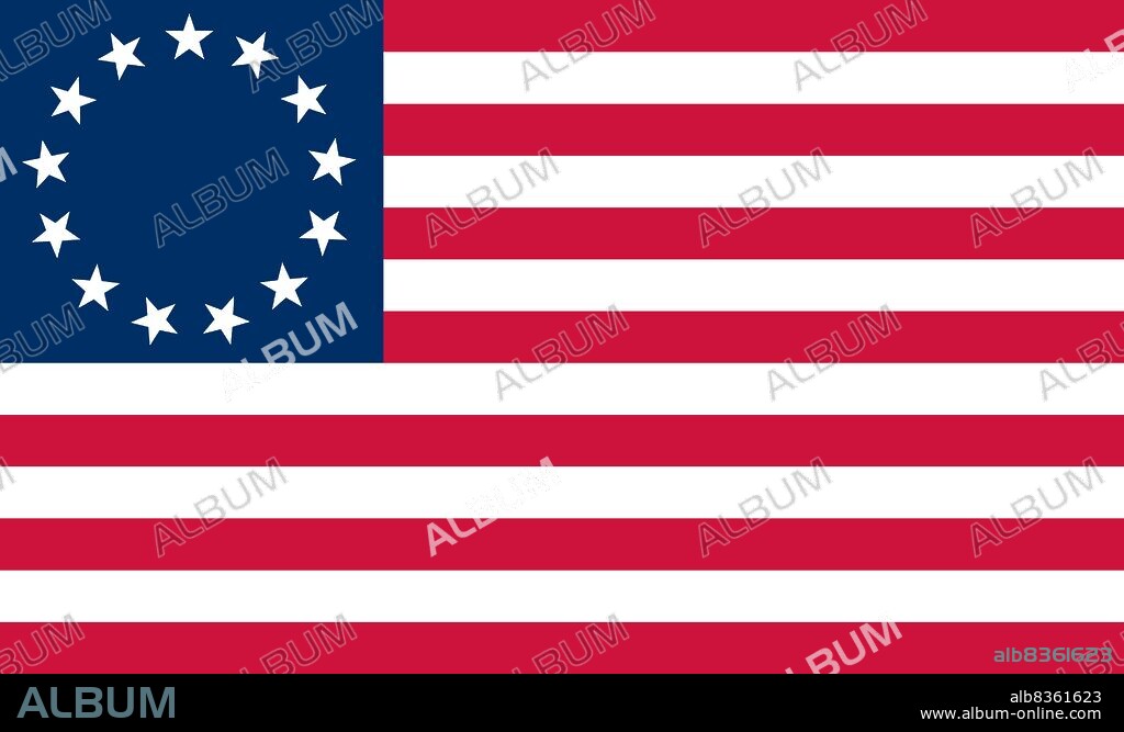 Historical flag of the United States of America. Betsy Ross Flag, 1776, an early American flag with 13 red and white stripes and 13 stars in a circle against a blue canton.