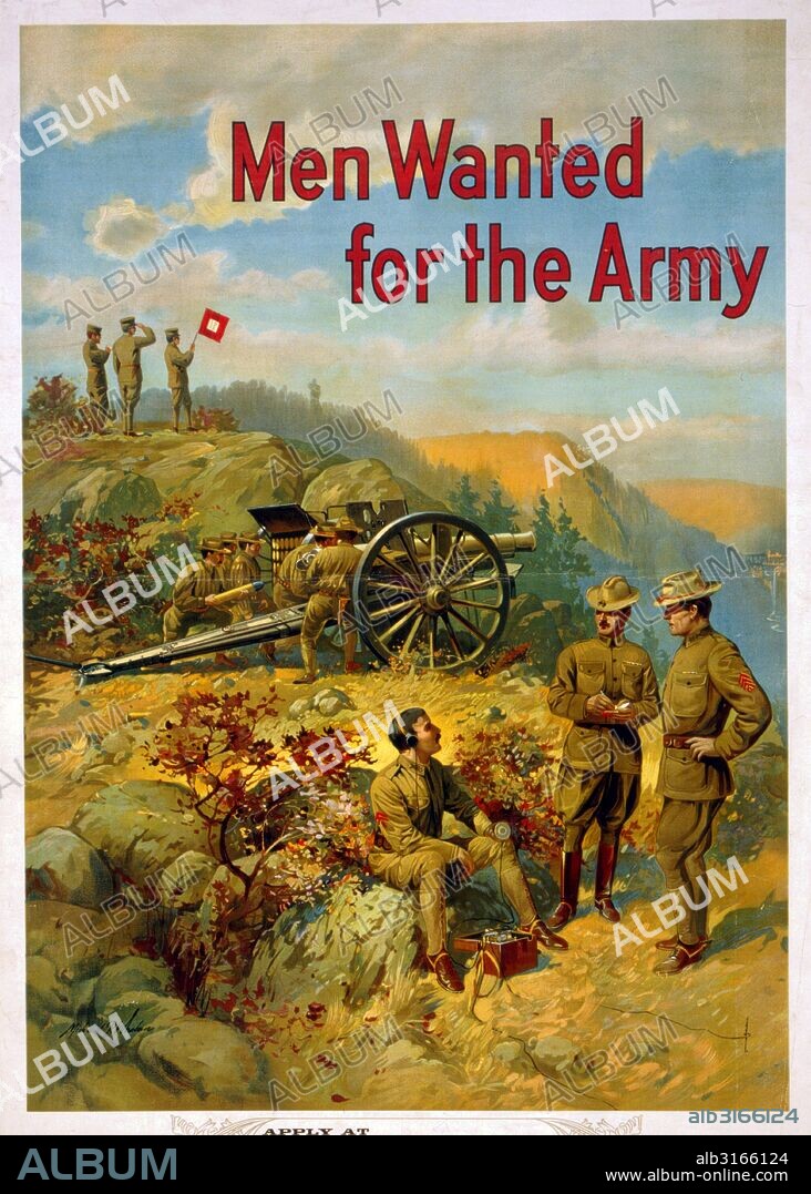 US Army Recruitment poster depicting soldiers and officers sending and receiving information through wireless and signal flags. by Michael P. Whelan. Dated 1915.