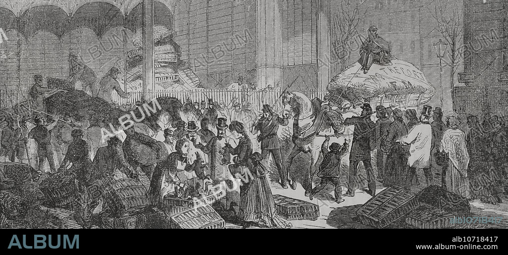 FERNANDO MIRANDA. 19TH-CENTURY SPANISH DRAUGHTSMAN.. Franco-Prussian War (1870-1871). Siege of Paris (19 September 1870 to 28 January 1871). The central fresh food market in Paris (Les Halles) as the first provisions arrive. Drawing by Miranda. Engraving. "Historia de la Guerra de Francia y Prusia" (History of the War between France and Prussia). Volume II. Published in Barcelona, 1871.