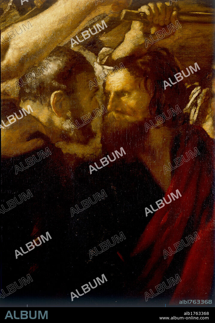 Sts Peter and Paul Meet on the Way to Their Martyrdom, by Giovanni Serodine, 1624-1625, 16th Century, oil on canvas,. Italy, Lazio, Rome, Palazzo Barberini, National Gallery of Ancient Art. Detail. Saints beard hair weapons battle red black brown. Authorization required for non editorial use.
