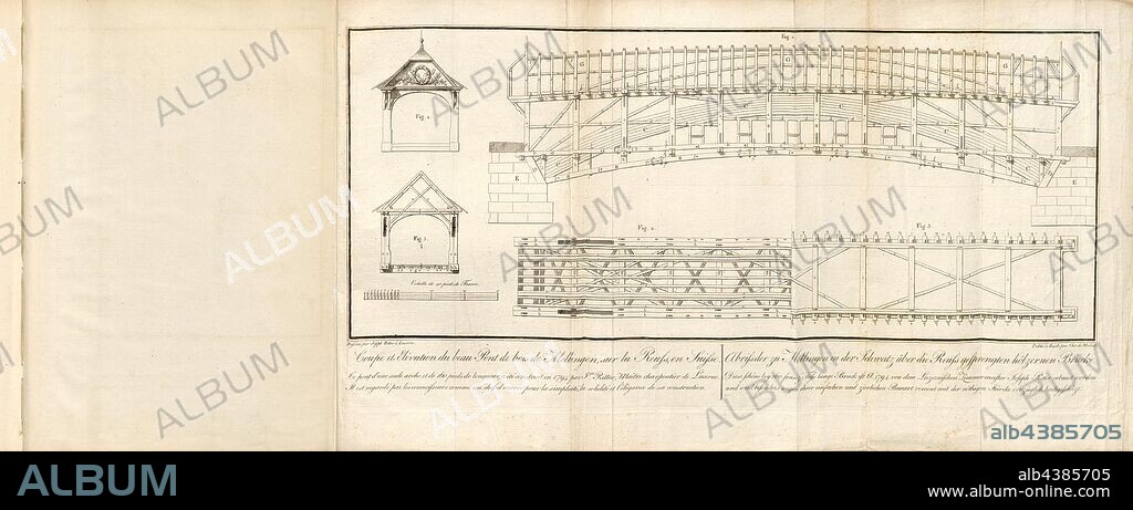 Cup and Elevation of the beautiful Mellingen Wooden Bridge, Reuss, Switzerland, Old Reuss Bridge in Mellingen, signed: Dessiné par Joseph Ritter à Lucerne; Publié à Basle par Chr. De Mechel, Fig. 3, according to p. VIII, Ritter, Joseph (dessiné); Mechel, Christian von (publié), Christian von Mechel: Plans, coupes et élévations des trois ponts de bois les plus remarquables de la Suisse, savoir: celui de Schaffhouse, sur le Rhin, celui de Wettingen sur la Limmat, et celui de Mellingen sur la Reuss; accompagnés chacun d'une description détaillée: ouvrage qui peut être considéré comme une instruction théorique et pratique pour la construction des ponts de charpente d'une longue portée. Basle (Basel): [s.n.], 1803.