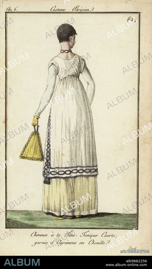 Woman with Titus haircut at Tivoli Gardens, 1798. She has a short Titus cut, a version of the Victim cut. She wears a short tunic dress decorated with chenille ornaments and carries a needlework bag or ridicule. Jardin de Tivoli was a popular amusement park. Cheveux à la Titus. Tunique Courte, garnie dAgrémens en Chenille. Handcoloured copperplate engraving from Pierre de la Mesangeres Journal des Modes et Dames, Paris, 1798. The illustrations in volume 1 were by Carle Vernet, Claude Louis Desrais and Philibert Louis Debucourt.
