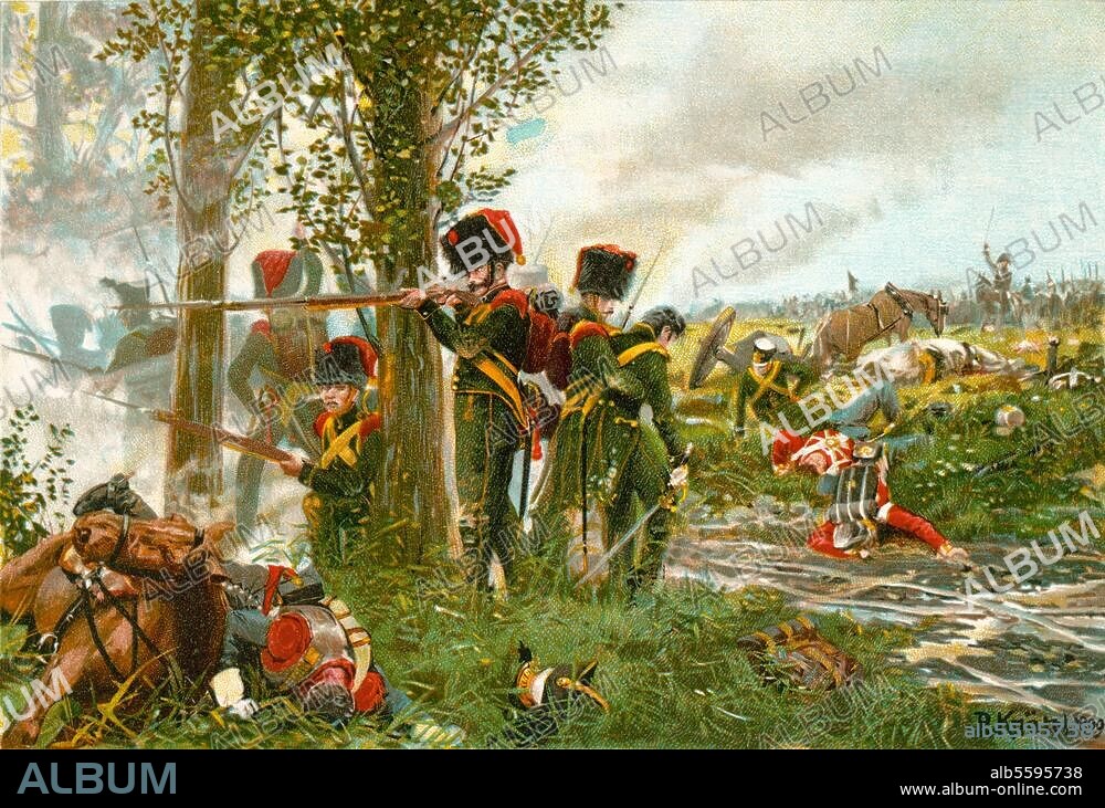 RICHARD KNÖTEL. Geschichte, 18. Juni 1815. "Die Nassauer bei Belle-Alliance am 18. Juni 1815". Kampfszenen aus der letzten Schlacht der Freiheitskriege (Schlacht von Waterloo). Farblithographie nach R. Knötel, 1899.