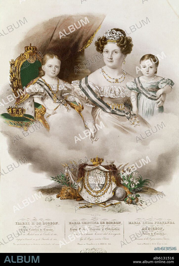 LA REINA REGENTE MARIA CRISTINA CON SUS HIJAS LA REINA ISABEL II Y LA INFANTA MARIA LUISA FERNANDA - GRABADO COLOREADO - SIGLO XIX.