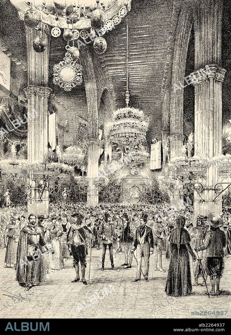 Barcelona. Palacio de la Lonja del Mar. Baile de máscaras durante los carnavales de 1891. Grabado de la época.