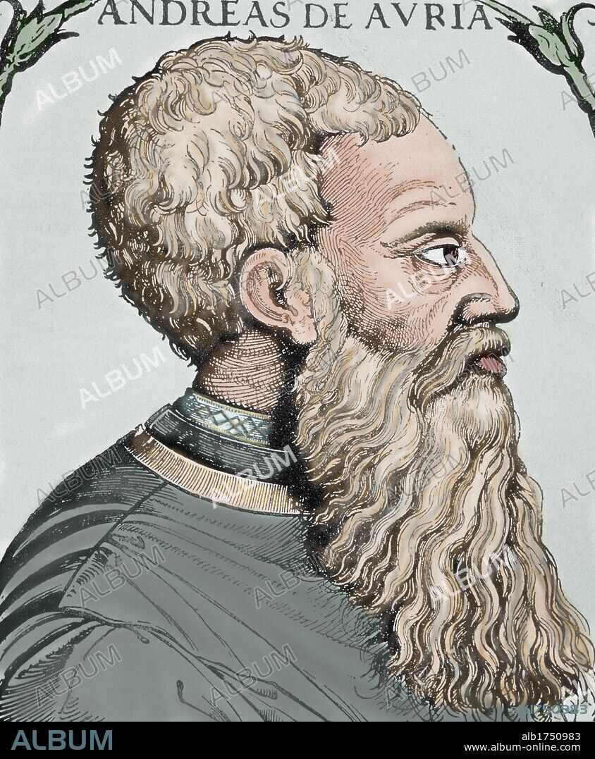 DORIA, Andrea (Oneglia, 1466-Génova, 1560). Almirante genovés fue el miembro más importante de su familia. Mercenario en las cortes de Urbino de Inocencio VIII y Clemente VII. En 1528 pasó a servir a España. Expulsó a los franceses de Génova. Al frente de la flota de Carlos V realizó una expedición contra los turcos (1532), ocupó Tunez 1535 y atacó Argel 1541. Grabado coloreado.