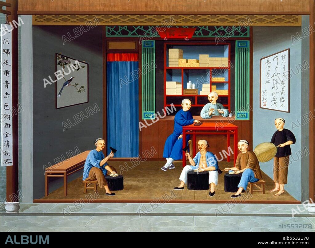 The studio of the artist Tingqua was perhaps the most prolific source of Chinese export painting during the nineteenth century. Located at 16 China Street, Guangzhou, the school specialized in gouache and watercolor paintings influenced by Western artistic traditions. These works became known in America primarily through the American China trader Augustine Heard, who brought a substantial collection of Tingqua paintings back to the United States in ca. 1855. These are now located at the Peabody Museum in Salem, Massachusetts. Tingqua was from a family of Chinese artists, each of whom were recognized for there skills in painting scenes suitable for the export market. His father, Guan Zuolin, often known by his western name, Spoilum, was the first identifiable artist of the Cantonese export school. Tingqua's work is perhaps most recognized for its exquisite characterization of daily life and for its exceptional detail. The precision of the brushwork and concentration upon light effects is superb, and in each scene the importance of world trade with China is beautifully displayed.