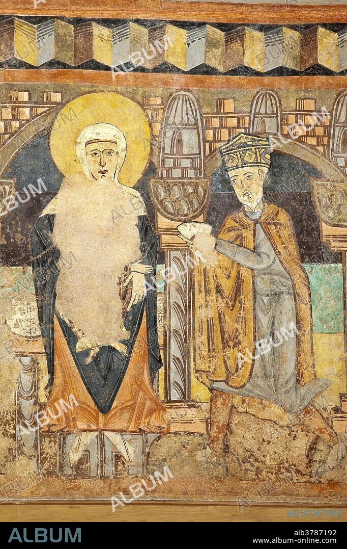 ANÓNIMO. Anónimo / 'Adoración de un Rey Mago. Pintura mural de la ermita de la Vera Cruz de Maderuelo'. Siglo XII. Pintura al fresco sobre revestimiento mural trasladado a lienzo, 200 x 185 cm.