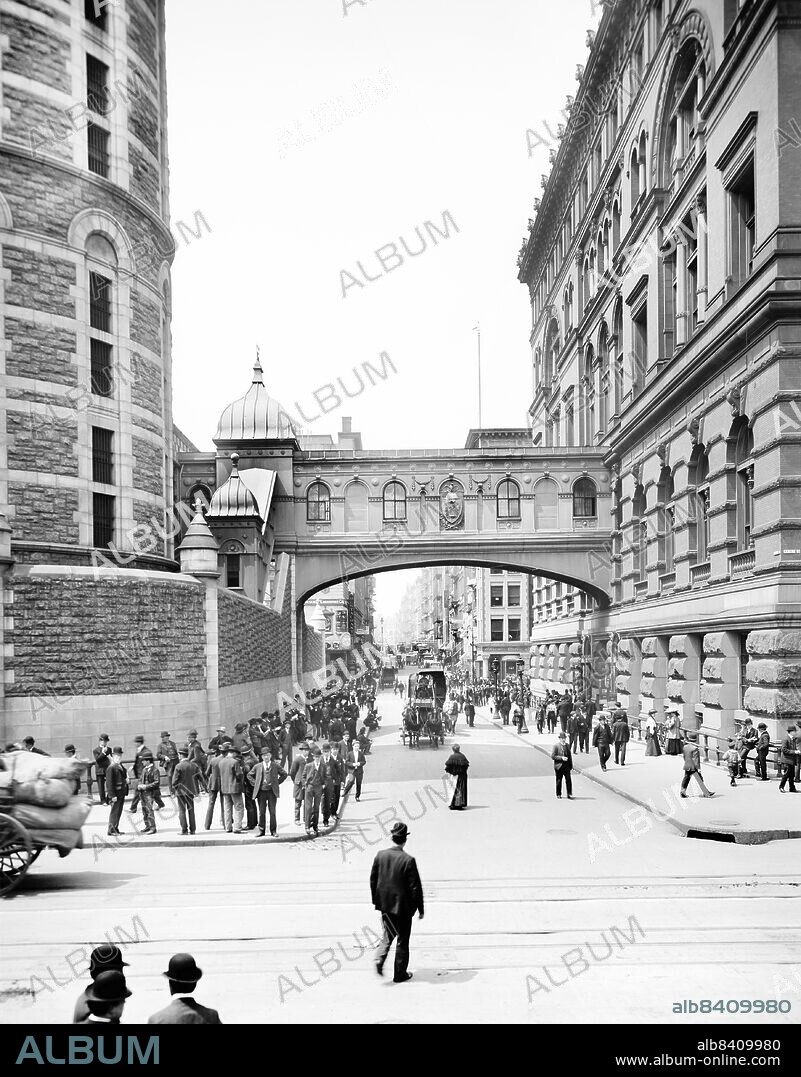 Street Scene, Criminal Court Building (right), and "the Tombs" Prison (left), Franklin Street, New York City, New York, USA, Detroit Publishing Company, 1905.