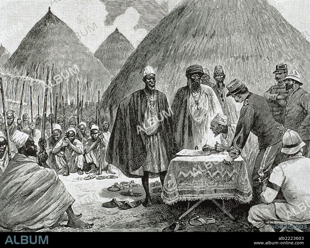 HISTORIA DE AFRICA. Firma de un tratado entre los colonos franceses y los jefes del reino de Tamisso. Año 1892. Grabado.