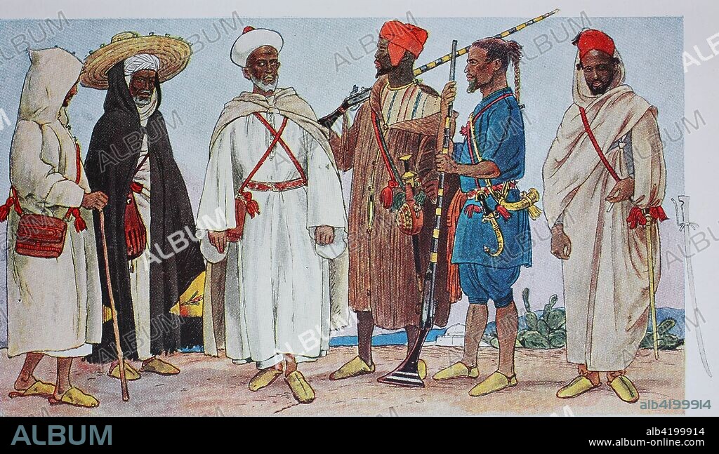 Clothing, fashion in Morocco, about 19th century, from the left, a Moroccan in the Jellaba, a hooded coat, a man from the interior of the country in the Burnus, a coarse wool coat with a hood, a genteel Moroccan in a linen shirt, the Chamisa, an armed from the interior, then a Berber from the Rif and a Moroccan rider in the haik, a cover coat, digital improved reproduction from an original from the year 1900.