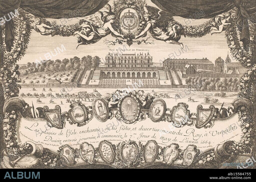 Title print with a view of Versailles Castle with a procession of horsemen, Festivities at Versailles in 1664 (series title), Les plaisirs de l'isle enchantée, ou les festes, et divertissements du Roy a Versailles (...) 1664 (series title on object) In the foreground a vignette covering the entire width of the page with the title, decorated with a border of fourteen coats of arms. On the second plan the castle of Versailles, in front of which a horse procession. The whole in an ornamental border of garlands consisting of fruits. In the top center two winged figures holding the royal coat of arms between them., print, print maker: Israël Silvestre, (mentioned on object), print maker: Jean Lepautre, publisher: Israël Silvestre, (mentioned on object), print maker: Paris, France, after 7-May-1664 - 1664, paper, etching, engraving, height, 282 mm × width, 423 mm.