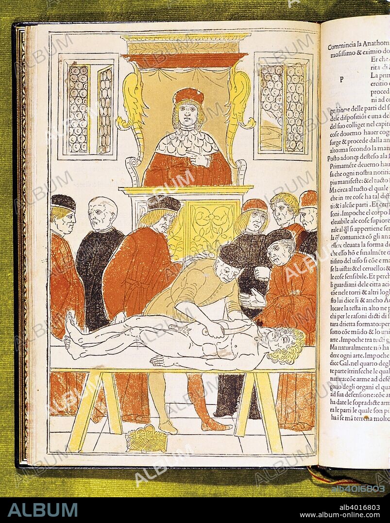 Anatomy lecture at Padua, Italy, 1483. The professor remains in his chair, while the demonstrator, right, points out the progress of the dissection with a stick. The students took no active part in dissection and this 'ignoble' task was carried out by a lower grade employee. From Fasciocolo di Medicina by Johannes de Ketham. (1493).