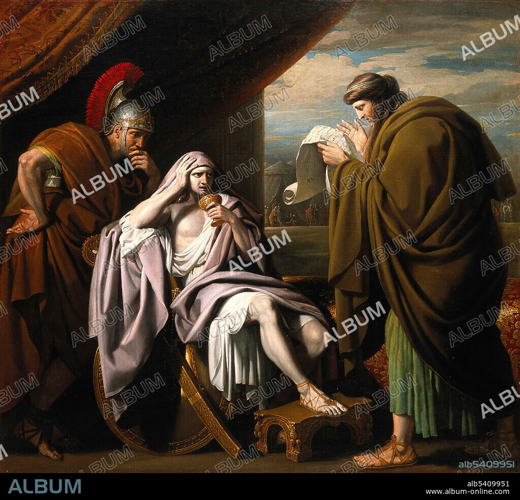 Alexander the Great, demonstrating his trust in his physician Philip by drinking a medicinal draught prepared by him after receiving a letter from General Parmenio indicating that Philip is poisoning him, in the background are tents with soldiers and horses.   Alexander III of Macedon (356-323 BC) was a Greek king. In 334 BC, he invaded Persian-ruled Asia Minor and began a series of campaigns that lasted ten years. Alexander broke the power of Persia in a series of decisive battles, overthrew the Persian King Darius III and conquered the entirety of the Persian Empire. He was undefeated in battle and is considered one of history's most successful commanders. His campaigns greatly increased contacts and trade between East and West, and vast areas to the east were significantly exposed to Greek civilization and influence. In June 323 BC, Alexander died a painful death in the palace of Nebuchadnezzar II, at age 33. Oil painting by Benjamin West, the elder.