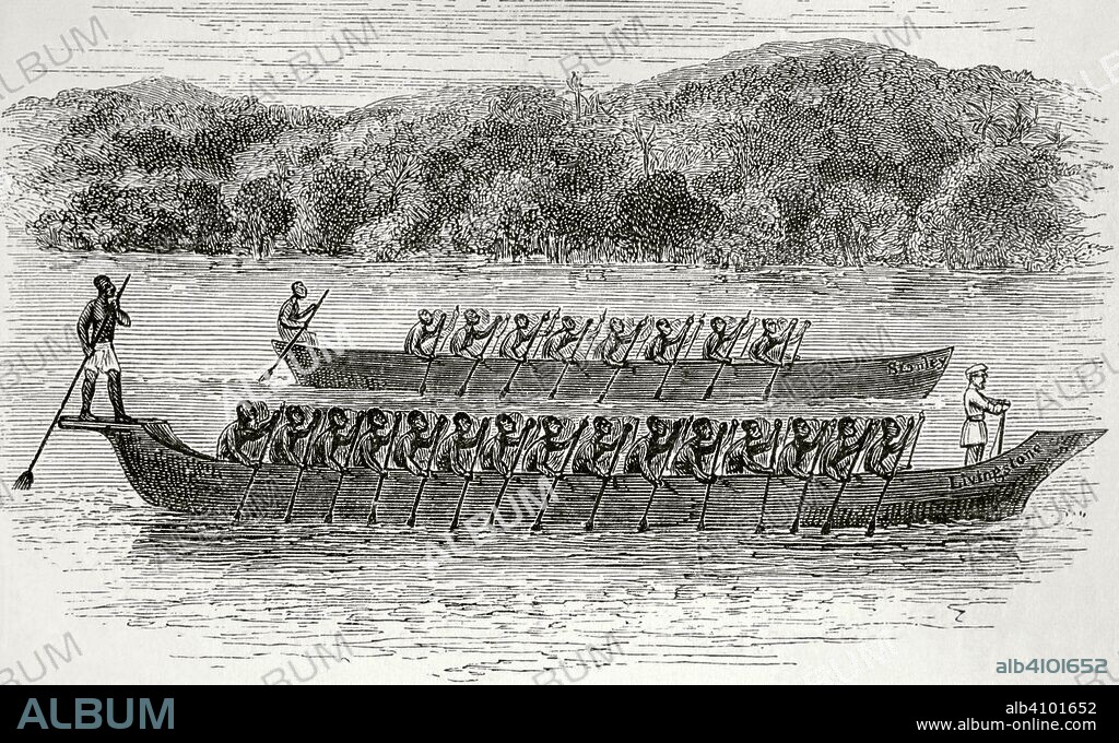 Africa. Las nuevas canoas "Livingstone" y "Stanley". Grabado. Africa Inexplorada, El Continente Misterioso, por Henry Morton Stanley, h. 1887. Biblioteca Histórico Militar de Barcelona, Cataluña, España.
