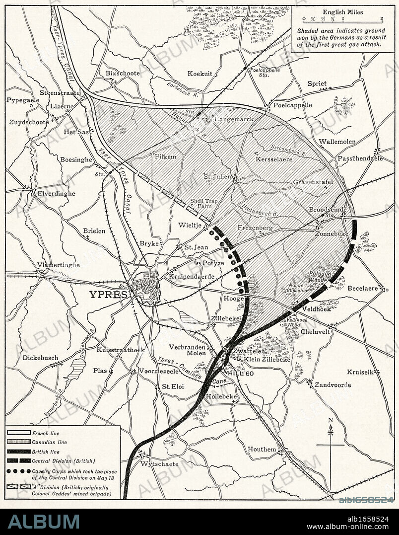 Map showing the Ypres Salient before and after the Second Battle of Ypres April and May 13 1915. From The Great World War A History Volume III, published 1916.