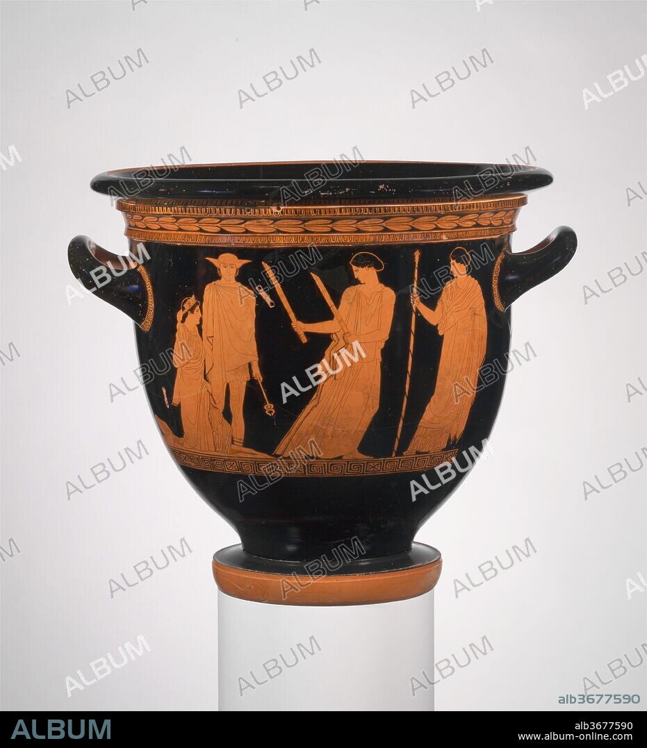 Terracotta bell-krater (bowl for mixing wine and water). Culture: Greek, Attic. Dimensions: H. 16 1/8 in. (41 cm); diameter of mouth 17 7/8 in. (45.4 cm). Date: ca. 440 B.C..
Obverse, the ascension of Persephone from the underworld
Reverse, libation scene
Persephone, the daughter of the goddess Demeter, was condemned to spend half of each year with Hades, the ruler of the underworld. In this grandiose representation, Persephone ascends to earth through a rocky outcrop. She is guided by Hermes, the divine messenger, and Hekate, a goddess of fertility, magic, and dark things who typically carries torches. At the far right stands the regal Demeter, waiting to receive her daughter and the renewal of life that her return engendered.