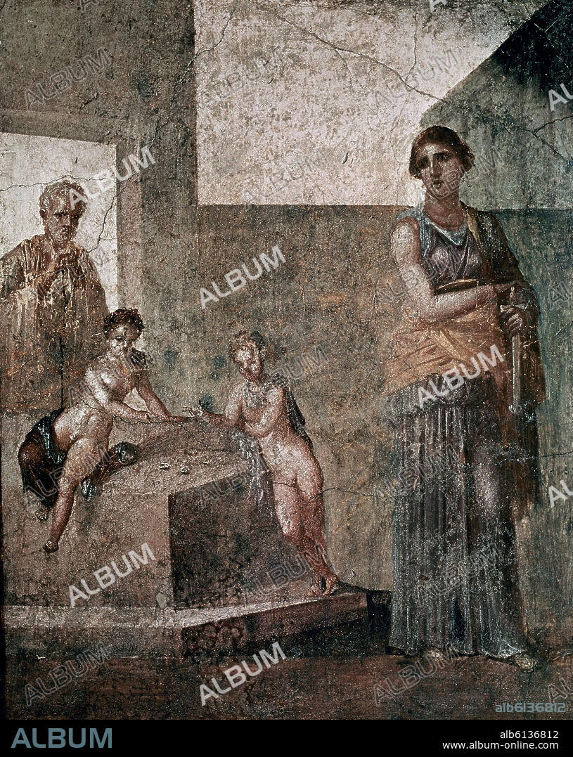 Greek school. Medea about to murder her children. Fresque from Pompei (1.20 x 0.97 m). Naples, national museum of archeology.