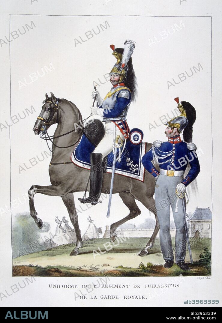 Uniform of the 1st Regiment of Chasseurs of the royal guard, France, 1823. A print from Collection des Uniformes de L'Armee Francaise presentee au Roi, Paris, 1823.