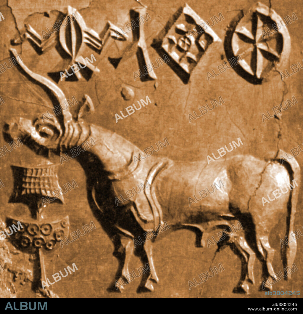 A seal with a unicorn relief, found in Mohenjo-Daro (Mound of the Dead) one of the largest city-settlements in the Indus Valley, now located in the province of Sind, Pakistan. The city was built around 2600 BCE and abandoned around 1900 BCE. The unicorn -- or a one-horned beast -- is the animal most frequently portrayed on seals from this place. It is perhaps the legendary unicorn ascribed to India by Aristotle. It is always shown before a stand thought to be an incense burner, perhaps indicating its role in a religious ceremony.