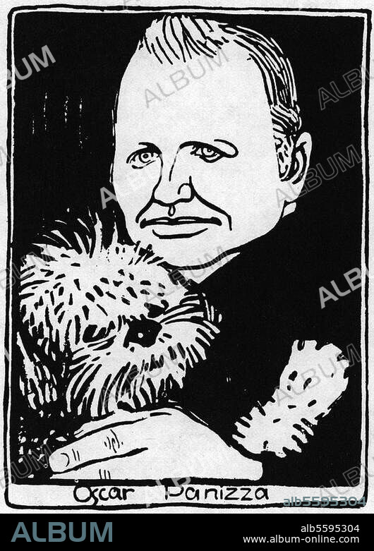 Panizza, Oskar; Schriftsteller; Kissingen 12.11.1853 - Bayreuth 30.9.1921. Porträt. Tuschzeichnung von Bruno Paul (1874-1968). Aus: Martin Möbius (d. i. Otto Julius Bierbaum), Steckbriefe, erlassen hinter 30 literarischen Übelthätern gemeingefährlicher Natur, Berlin und Leipzig, Schuster und Löffler, 1900.