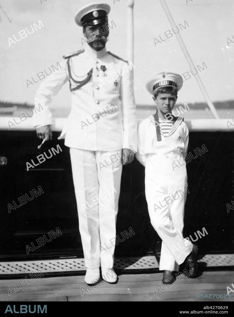 Tsar Nicholas II of Russia with his son, Alexei the Tsarevich. Alexei Nikolaevich (1904 – 17 July 1918)  the Tsarevich of the Russian Empire. He was the youngest child and only son of Emperor Nicholas II and Empress Alexandra Feodorovna. He was born with haemophilia, his mother's reliance on the faith healer Grigori Rasputin to treat the disease helped bring about the end of the Romanov dynasty.
