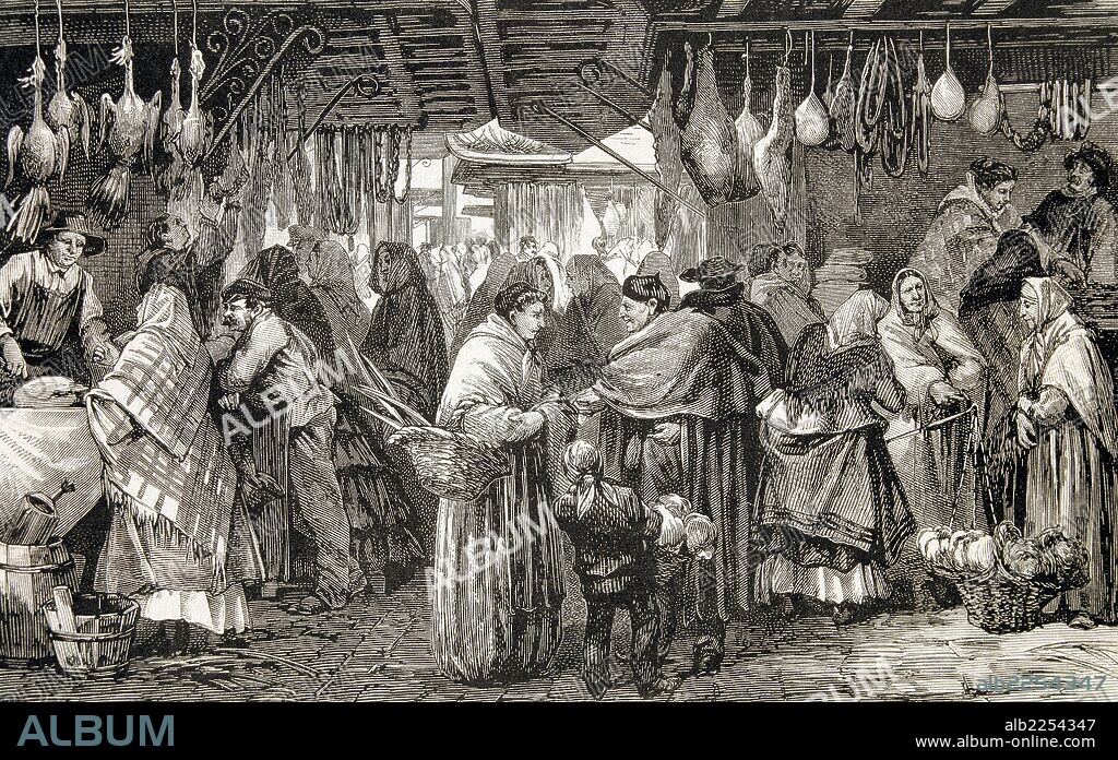 MADRID. MERCADO DE LA PLAZA DE SAN MIGUEL. GRABADO DE LA ILUSTRACION ESPAÑOLA Y AMERICANA , AÑO 1874.