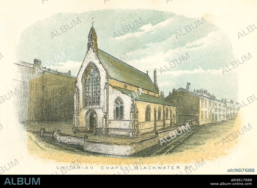 Unitarian Chapel, Rochdale, 1876. Unitarian Chapel and School, Blackwater Street, Rochdale, Manchester, England. In the 18th and 19th centuries Rochdale was a centre of cotton manufacture. It was the birthplace of the cooperative movement in 1844.  From Rochdale Past and Present by William Robertson. (Rochdale, 1876).