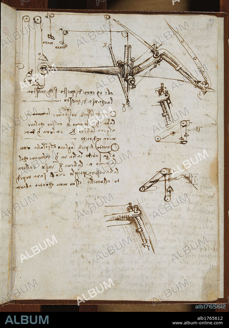 (Leonardo da Vincis) Codex on the Flight of Birds, by Leonardo da Vinci, 16th Century, 1505-1506 about, paper manuscript, mm 213 x 153 x. Italy, Piemonte, Turin, Royal Library, Varia 95 f. 17r. Authorization required for non editorial use.