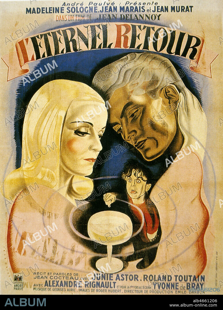 Affiche du film 'l'Eternel Retour' realise par Jean DELANNOY, adaptation du mythe de Tristan et Iseult avec Jean Marais, Madeleine Sologne et Jean Murat, 1943. Illustration per R. PERON. Credit : Coll. Perrin/KHARBINE-TAPABOR.